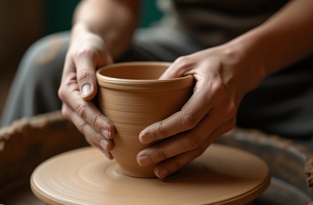 Nahaufnahme einer Tasse auf der Töpferscheibe, Hände formen den Ton.