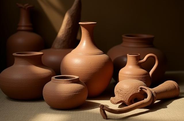 Alte Töpferwaren und historische Werkzeuge, mit warmem Licht beleuchtet.