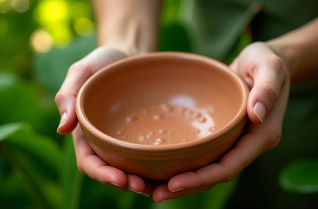 Hände halten eine frisch gebrannte Keramikschale, grüne Umgebung im Hintergrund.
