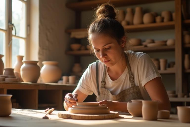 Keramikerin in ihrem Atelier, konzentriert bei der Arbeit