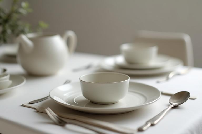 Komplettes handgefertigtes Keramik-Geschirrset mit Tellern, Schalen und Tassen für sechs Personen