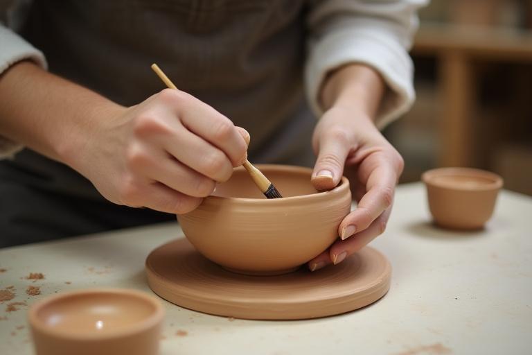 Töpferin glasiert eine Schale in einem gut beleuchteten Bereich