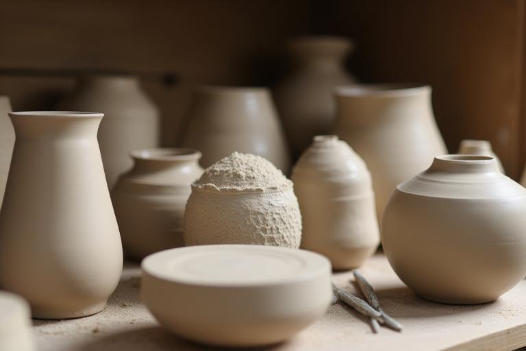 Nahaufnahme von Keramikstücken im Herstellungsprozess auf einem Regal